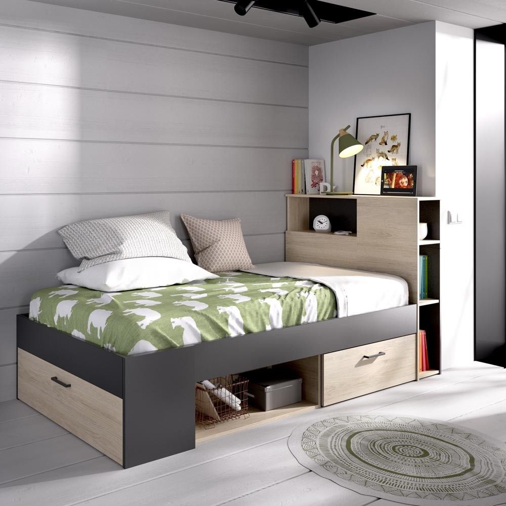 Cama de solteiro Lanka natural - grafite com gavetas