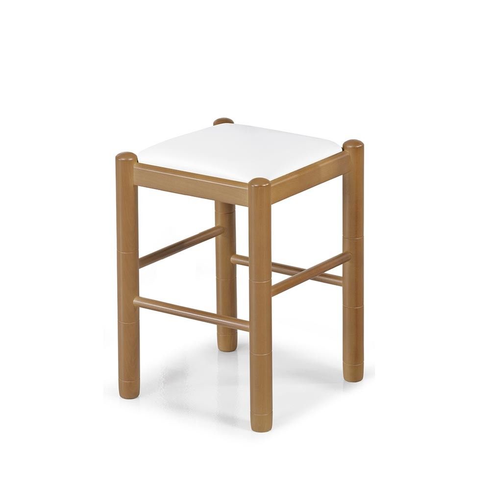 Sgabello classico in legno ciliegio Mónica in similpelle bianca