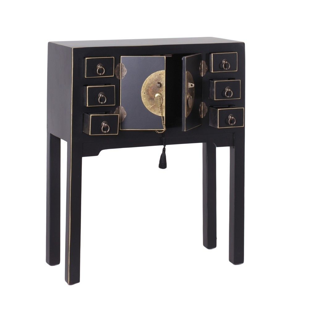Consola de estilo oriental com 2 portas, 6 gavetas, cor preta.