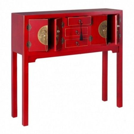 Console de style oriental rouge, avec trois tiroirs.