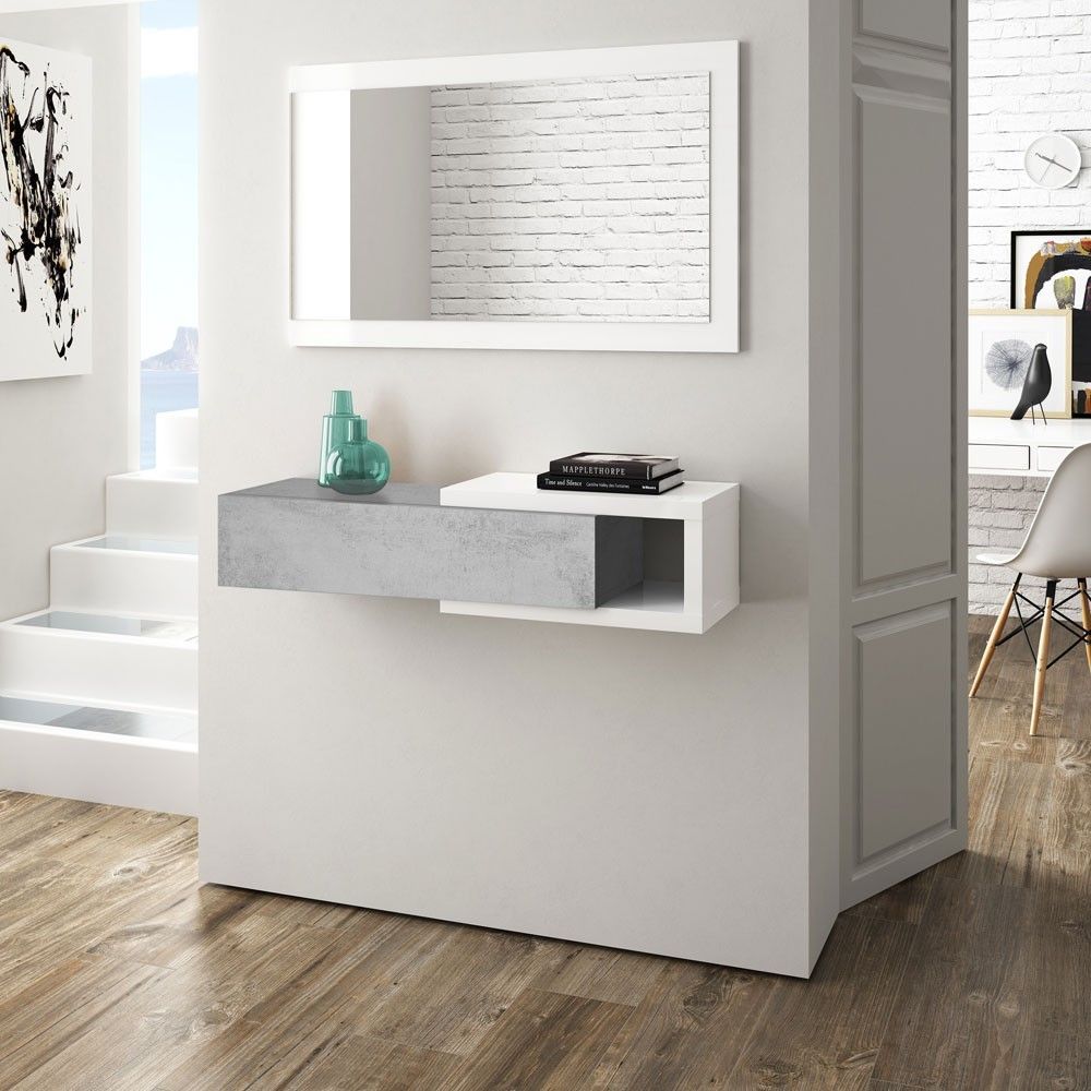 Meuble d'entrée avec tiroir et miroir Noon, blanc Artik - Ciment