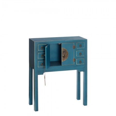 Móvel de entrada com 2 portas e 6 gavetas azul.