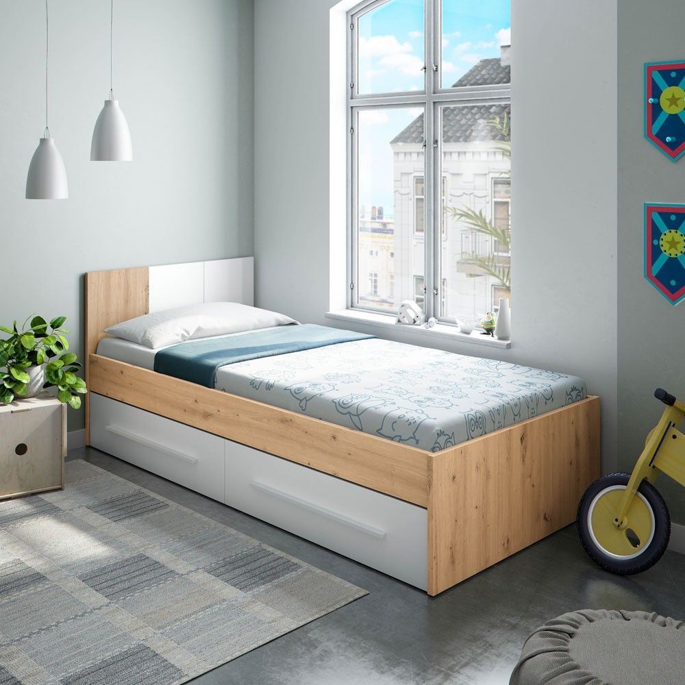 Cama juvenil com gaveta e cabeceira.