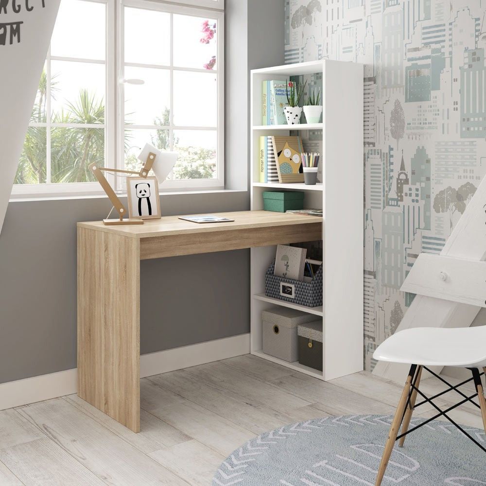 Mesa de estudio con estantería Duplo Blanco - Roble