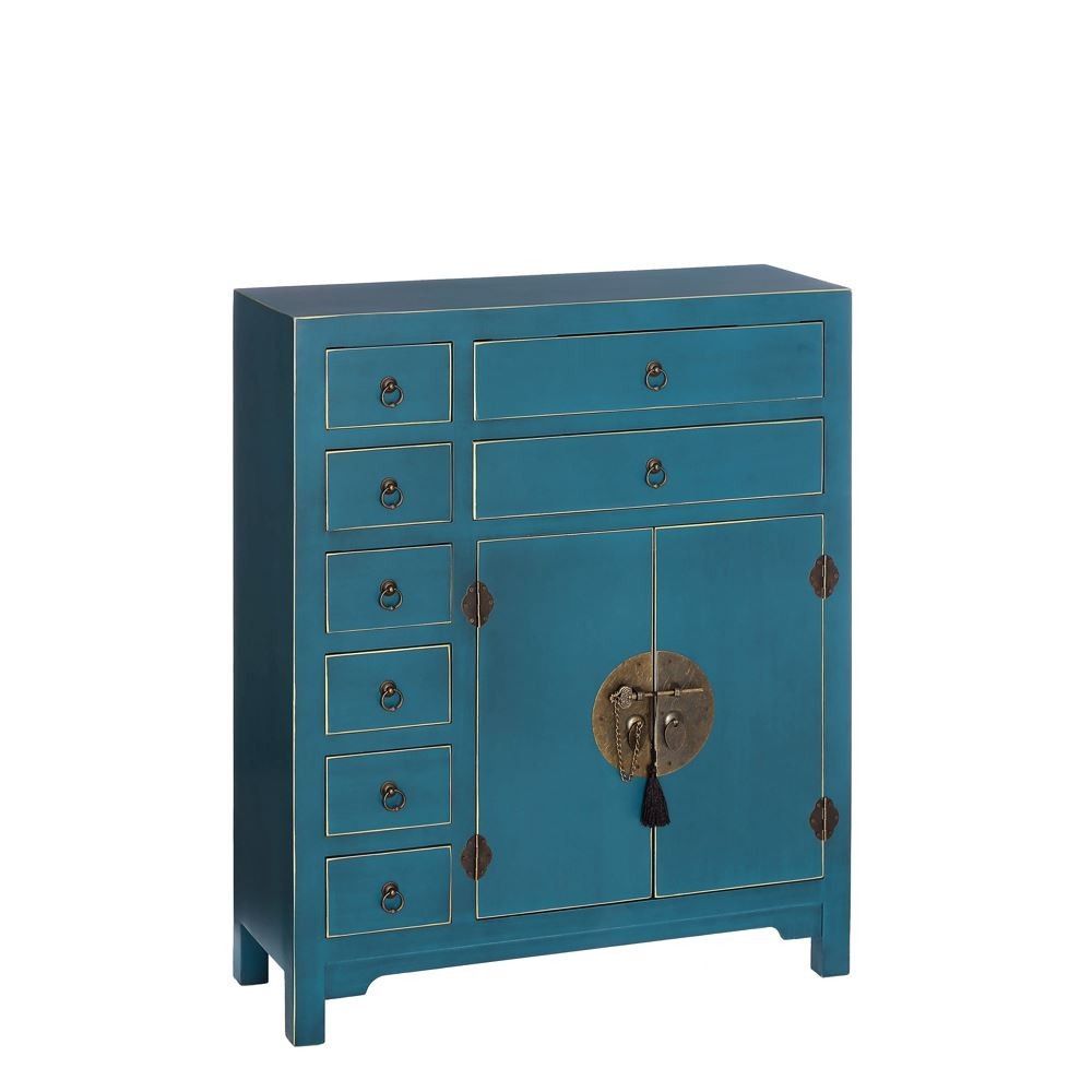 Mobiletto d'ingresso ausiliario con 2 ante e 8 cassetti Oriente, Blu