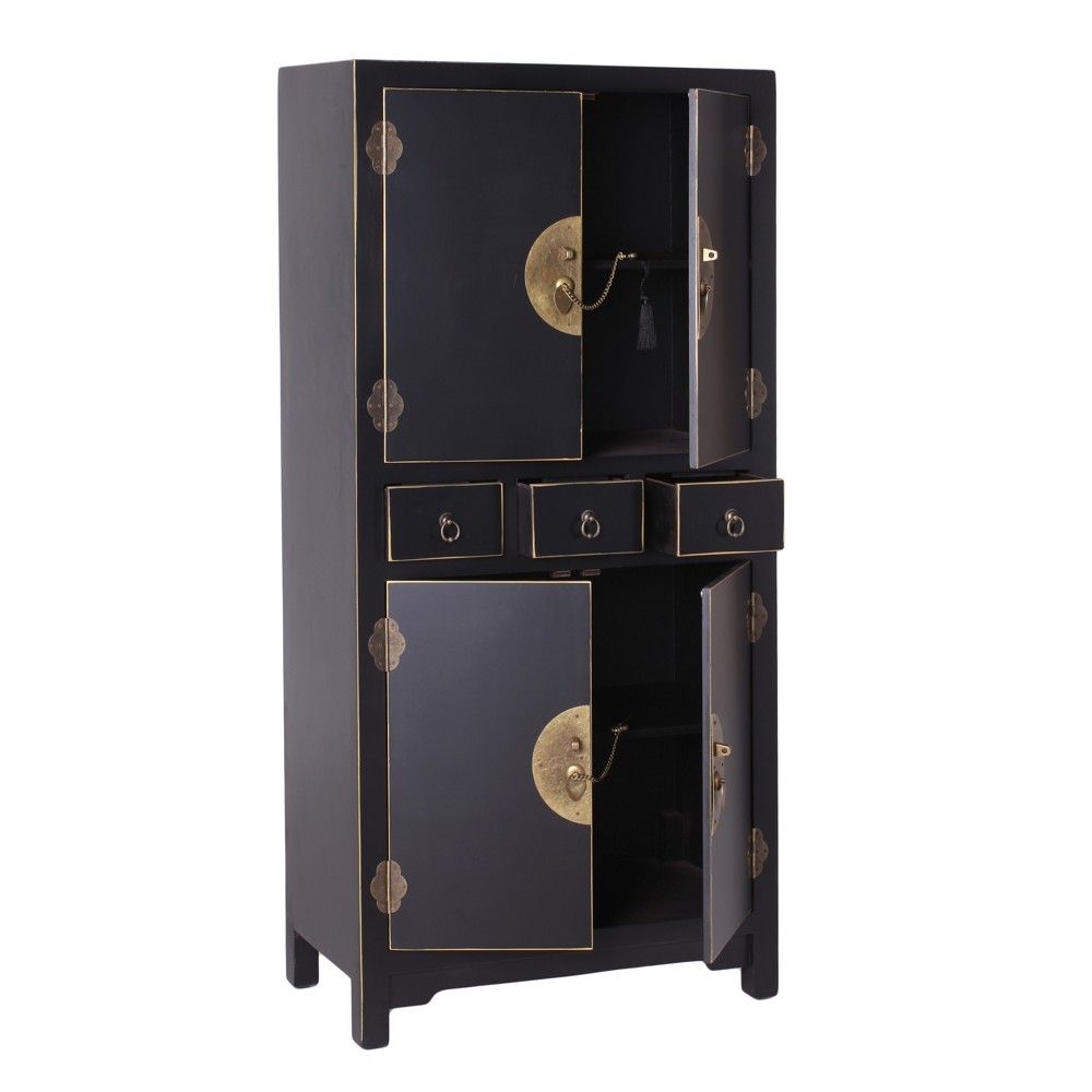 Móvel auxiliar de sala com 4 portas e 2 gavetas Oriente, Preto - Ouro