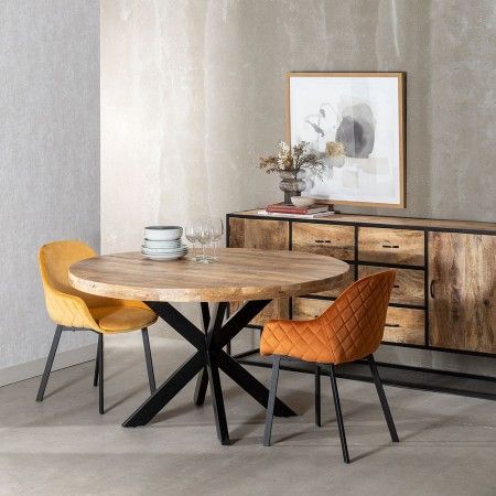 Mesa redonda comedor madera y metal – Estilo industrial robusto | fanmuebles