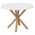 Table à manger ronde en blanc avec pieds métalliques de couleur naturelle, dimensions 100 x 100 x 76 cm.