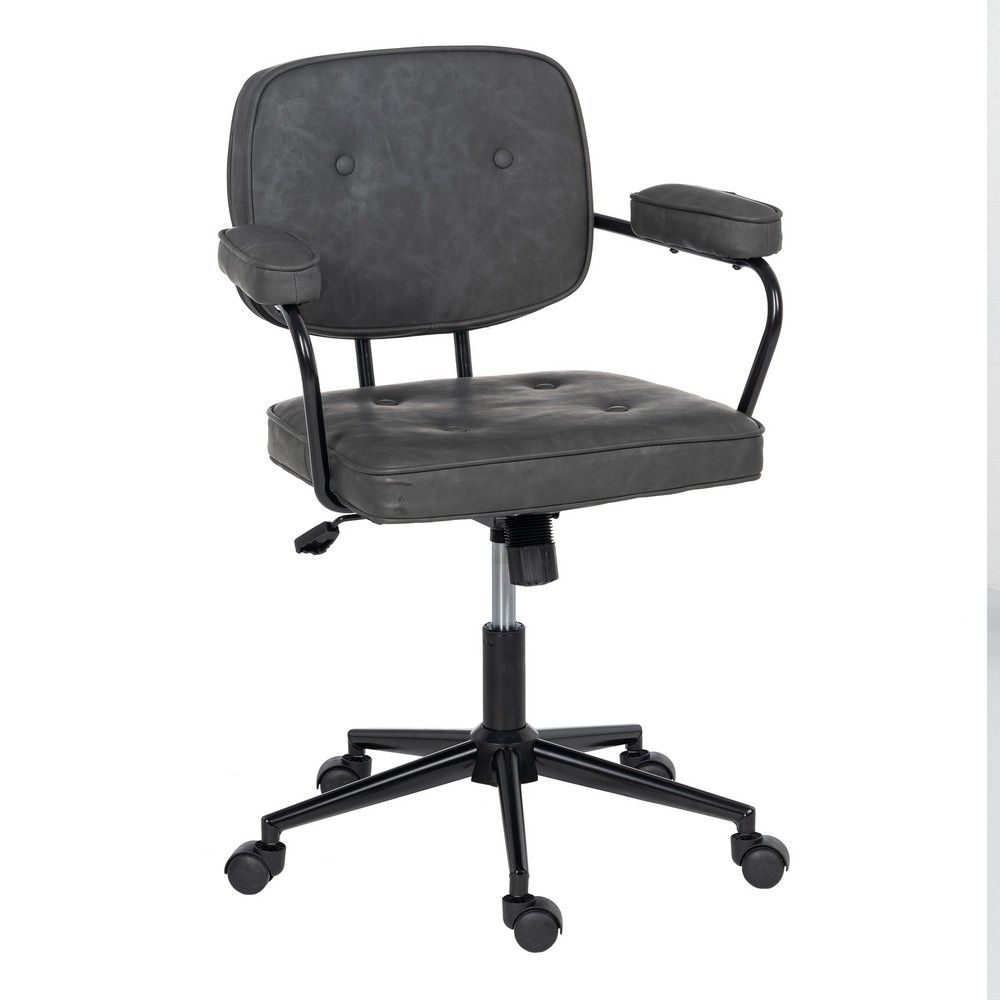 Cadeira de estudo vintage com rodas em pele sintética preta.