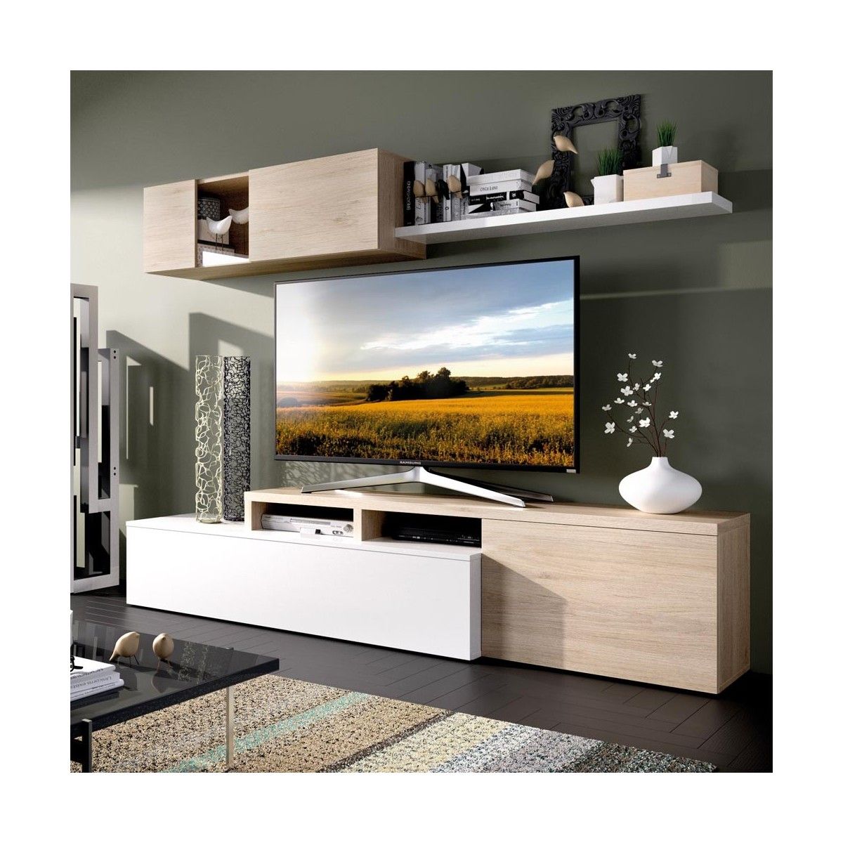 Móvel de sala ELLE Branco com Carvalho Natural