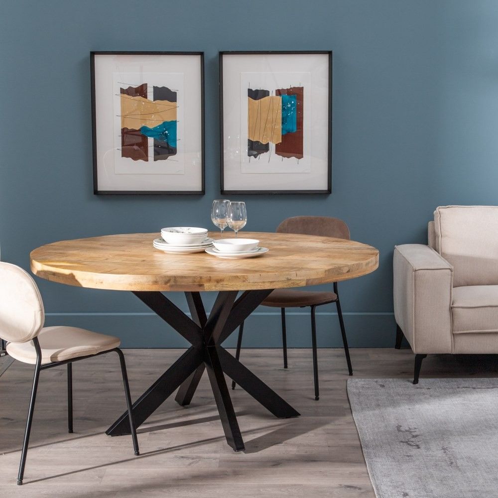 Table à manger naturelle en bois massif noir et fer – design industriel fanmuebles