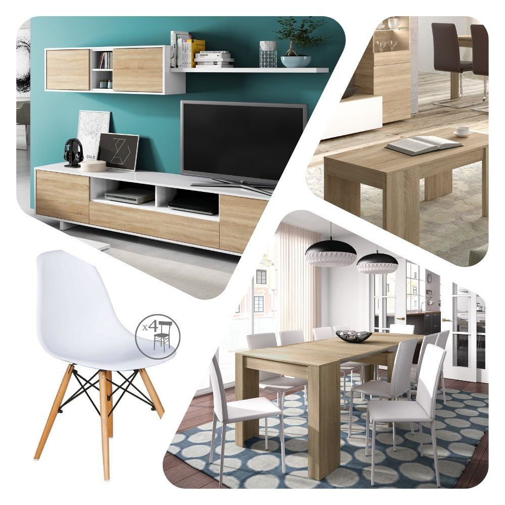 Salón completo nórdico con mesa de comedor