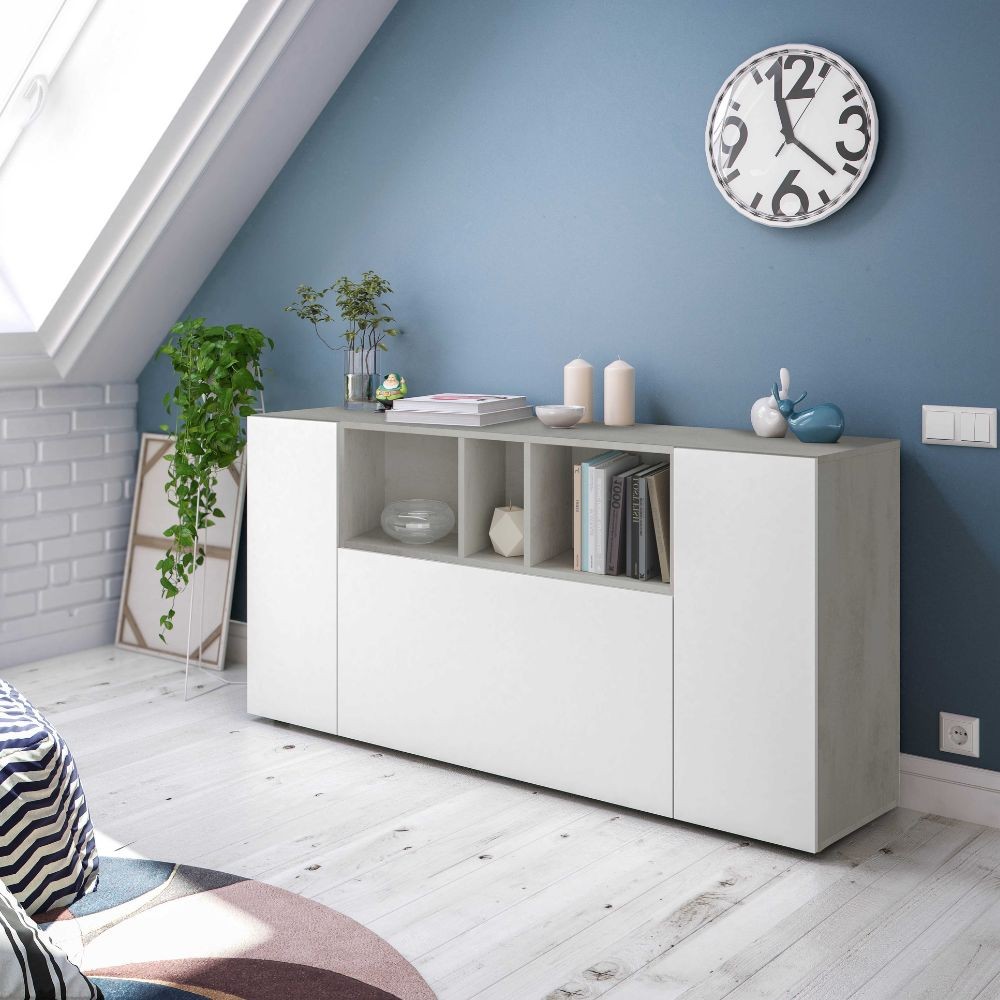 Buffet Baltik 3 Portes – Meuble D'appoint Blanc Artik Et Blanc Velho, Dimensions 144 X 87 X 42 Cm, Style Nordique