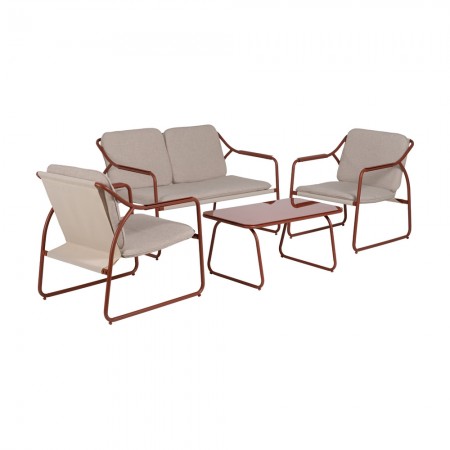 Conjunto para jardín en acero Terracota  tapizado en olefina, Sofá, 2 Sillones y mesa de cristal templado