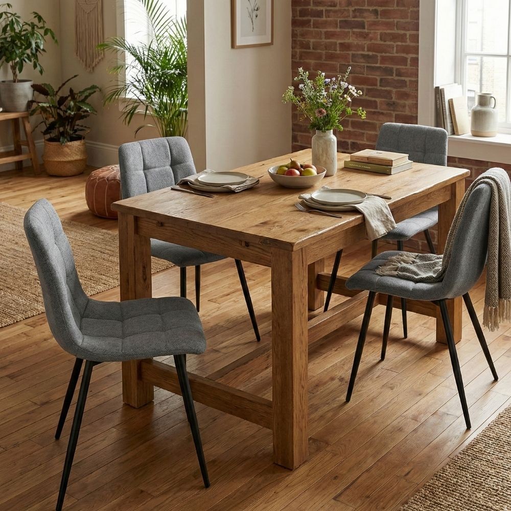 Ambiente de sala de jantar moderna com o pack de 4 cadeiras Lisboa estofadas em chenille cinza claro e pés de metal preto.