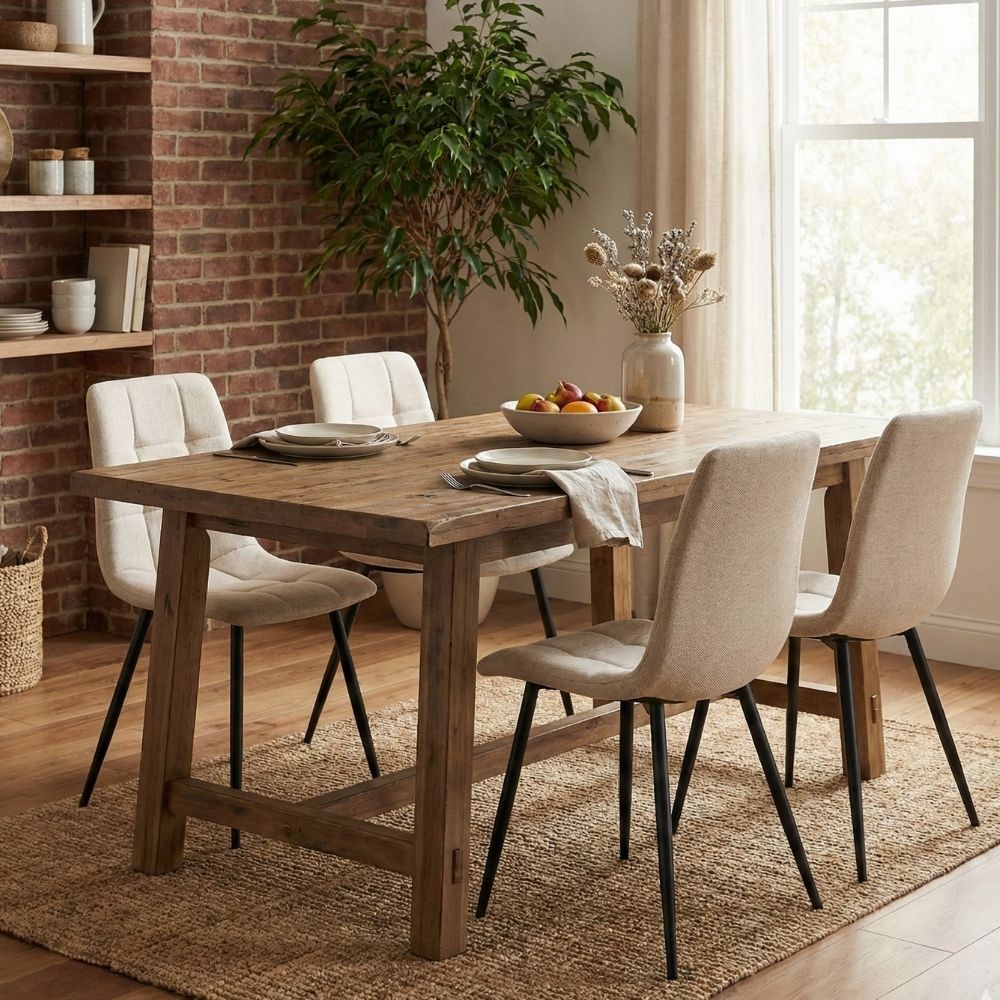 Ambiente de sala de jantar moderna com o pack de 4 cadeiras Lisboa estofadas em chenille bege e pés de metal preto.