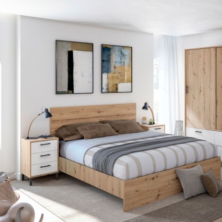 Komplettes Schlafzimmer mit Kopfteil, Nachttischen, Bett und Kleiderschrank der Serie Velvet in den Farben Eiche Nodi und Weiß.