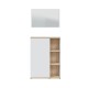 Frente del mueble zapatero serie Velvet en blanco artik con estantes vistos en roble nodi y espejo de recibidor.