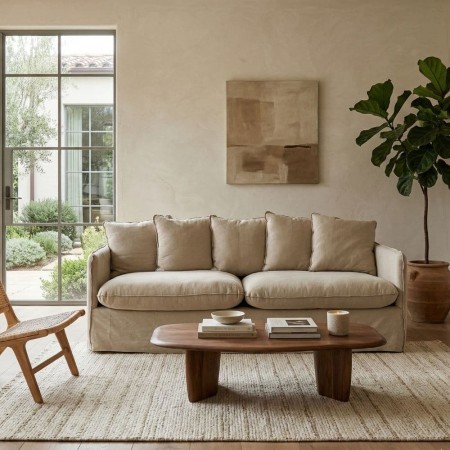 SOFÁ 3 PLAZAS BEIGE TEJIDO-MADERA 216 X 94 X 93 CM