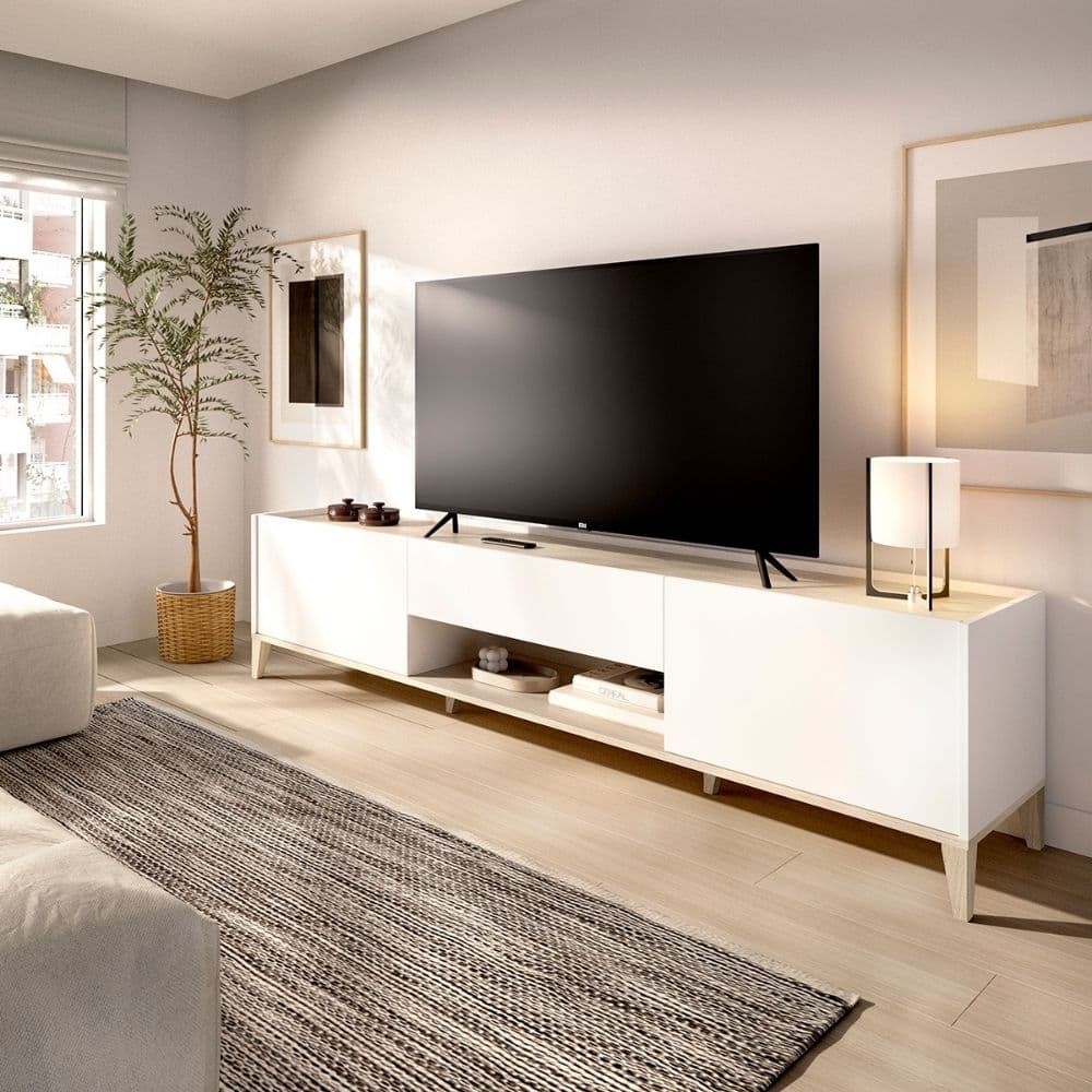 TV-Lowboard BARI Weiß Natur 155 cm Nordisches Design - fanmuebles