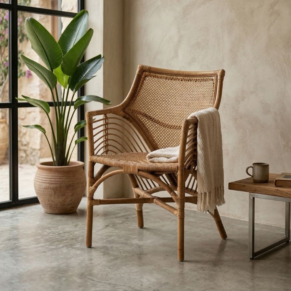 Cadeirão Rattan Castanho Pernas Metal Boho Chic 56x84cm - fanmuebles