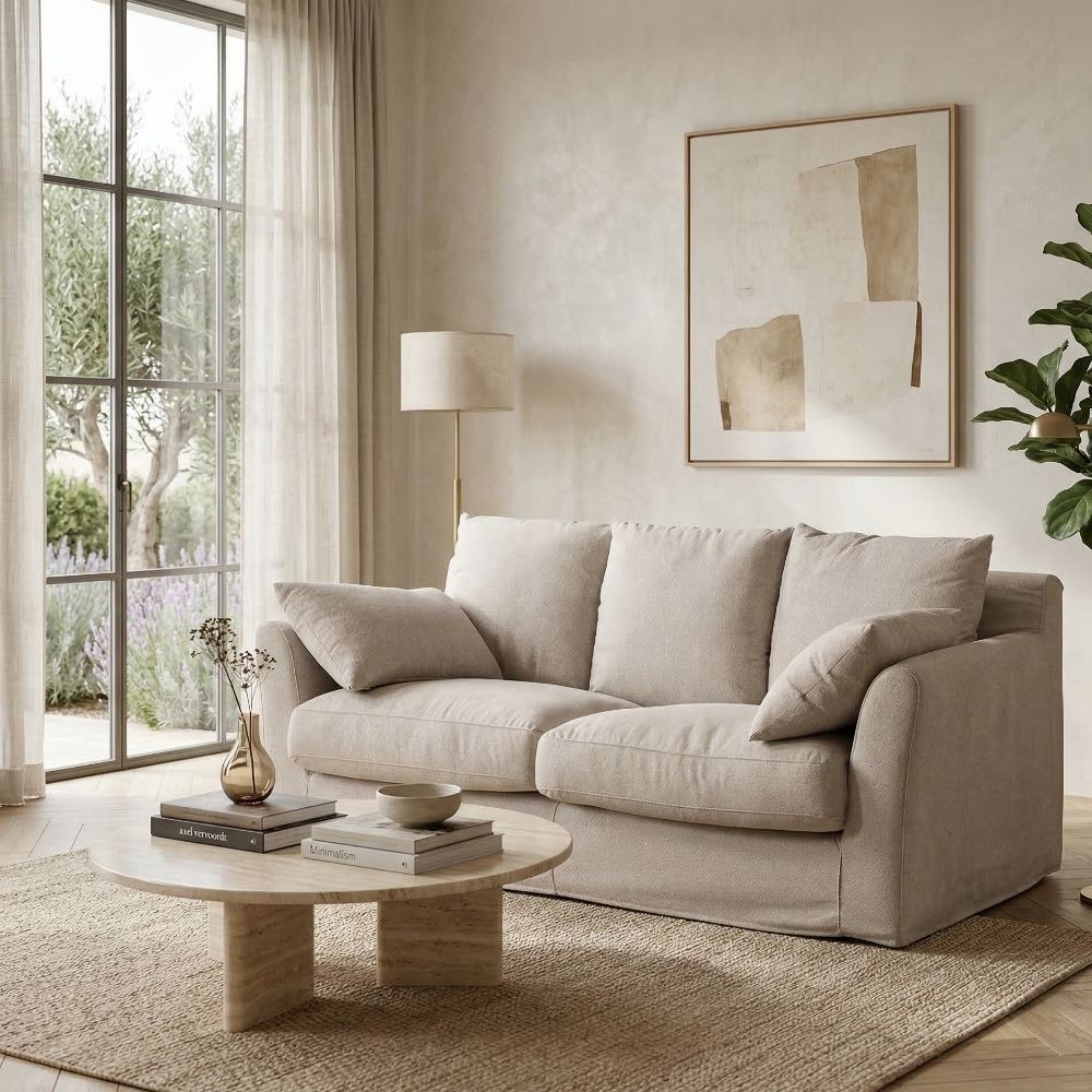 Divano 2 Posti Beige Tessuto Sfoderabile - fanmuebles