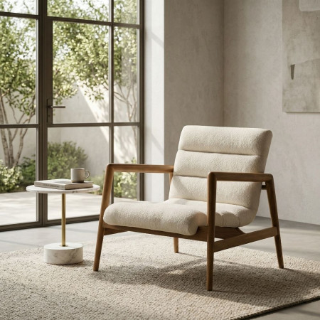 Poltrona Mid-Century in Teak e Tessuto Naturale 79 x 76 cm