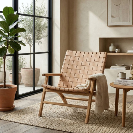 Butaca Teca Piel Trenzada Beige - Estilo Safari - fanmuebles
