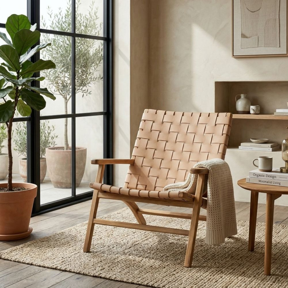 Poltrona Teak Pelle Intrecciata Beige - Stile Safari - fanmuebles