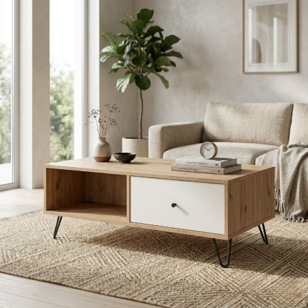 Table centrale avec tiroir Bilbao Chêne Artisan - Blanc 110 x 37 x 60 cm