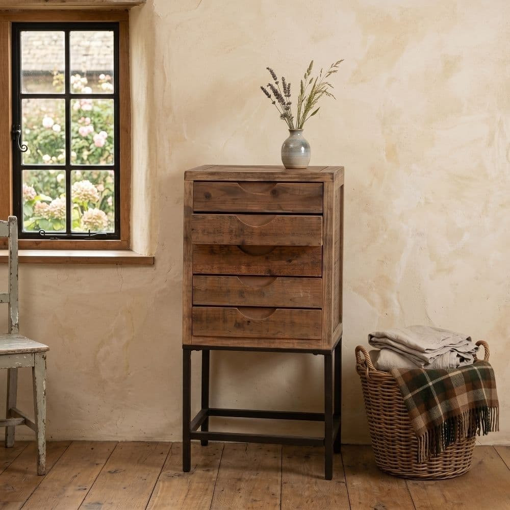 Commode 5 tiroirs en bois d'épicéa indigo