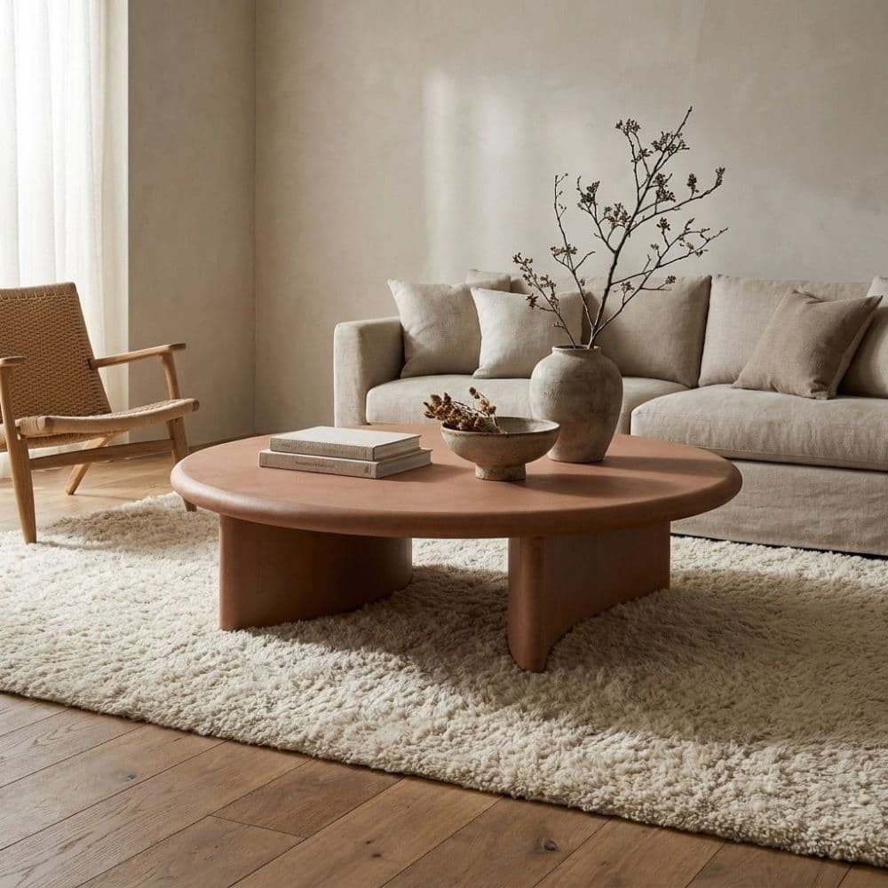 MESA CENTRO TEJA DM-MICROCEMENTO SALÓN 120 X 120 X 33 CM