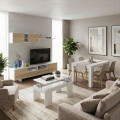 Pack Salón Belus nórdico: Mueble de salón, mesa de centro y mesa extensible Roble Canadián - Blanco
