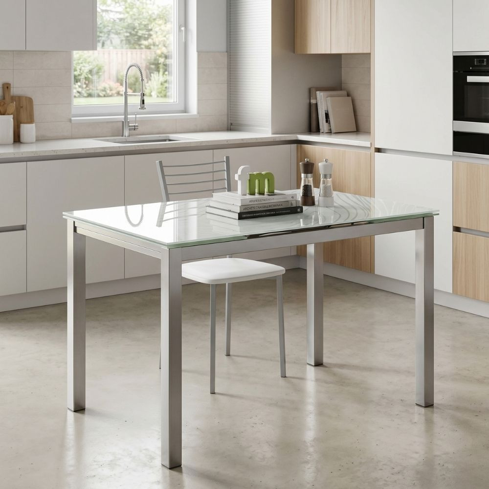 Mesa de Cozinha Extensível Cameron Vidro Branco Metal