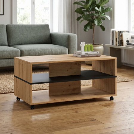 Mesa de centro con ruedas y revistero Sicilia Roble Artisán - Negro 101 x 47,5 x 54,5 cm