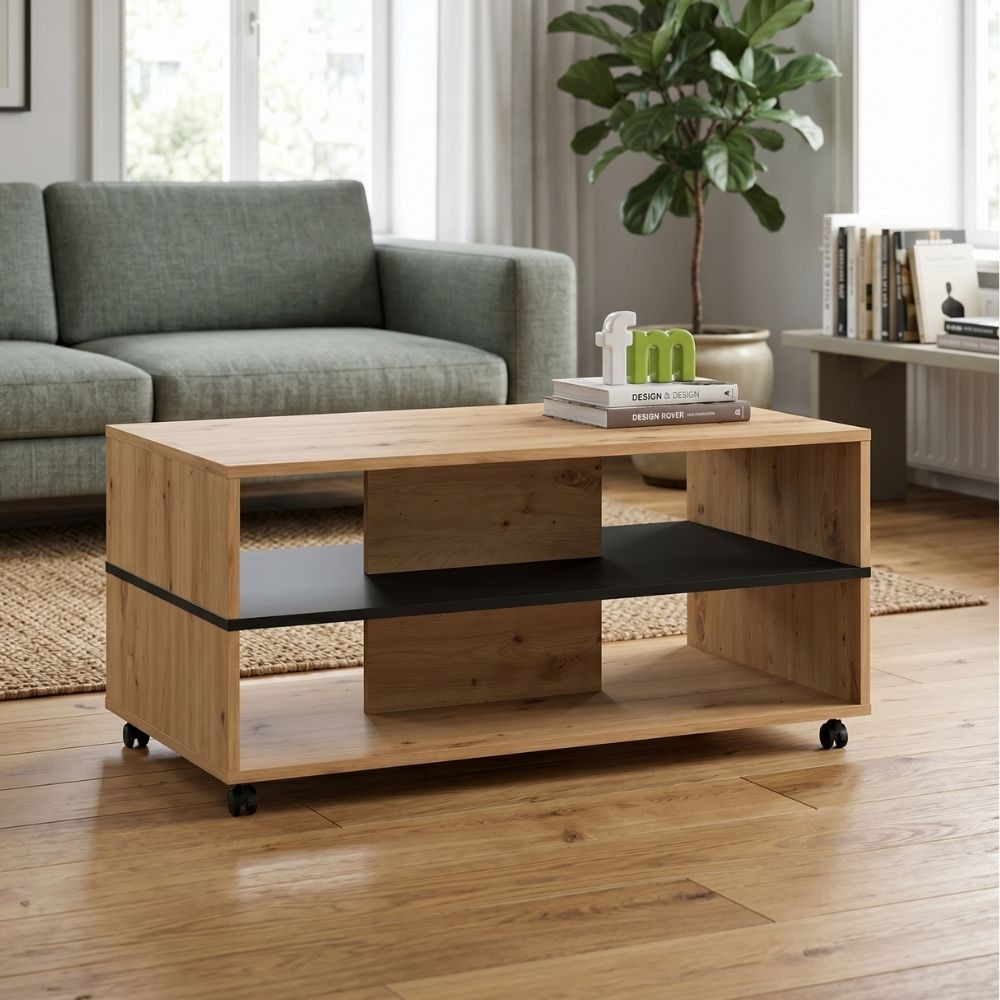 Mesa de centro con ruedas y revistero Sicilia Roble Artisán - Negro 101 x 47,5 x 54,5 cm