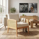 Butaca con brazos de madera y Ratán Siena tapizado tela Beige - Roble 65 x 85,5 x 81 cm