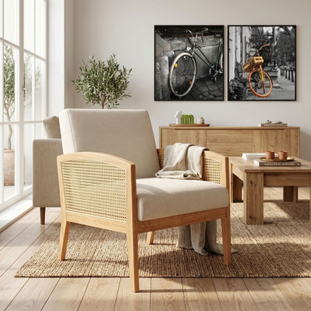 Butaca con brazos de madera y Ratán Siena tapizado tela Beige - Roble 65 x 85,5 x 81 cm