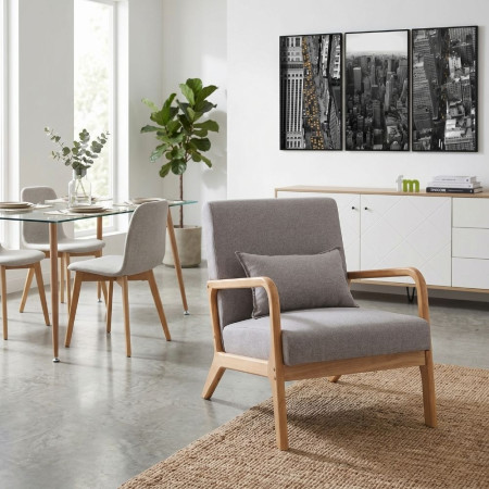 ✨ Butaca Roma nórdica en madera y tela gris | fanmuebles