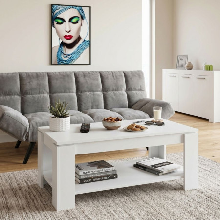 Table basse relevable Ambit, Artik blanc, 001639A, présentée dans un salon avec le buffet Ambit.