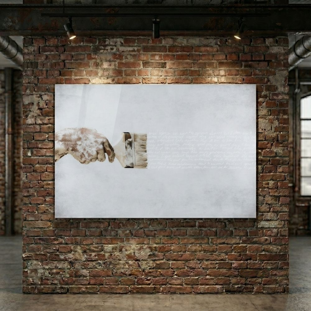 Cuadro mano y pincel en cristal templado | Minimalismo y arte