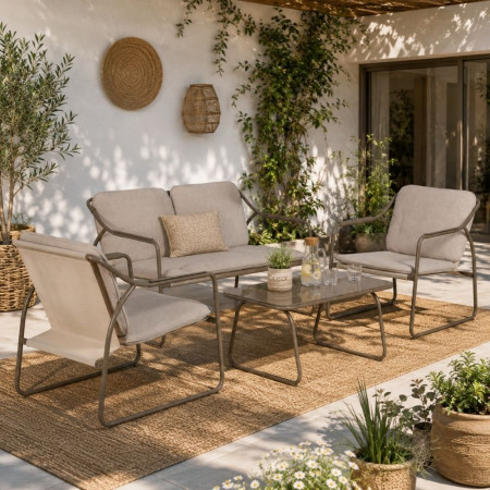 Conjunto de jardín en acero y textileno con mesa de cristal - fanmuebles