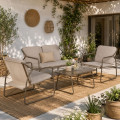 Set pour jardin en acier rembourré dans olefin, Sofa, 2 fauteuils et table en verre trempé