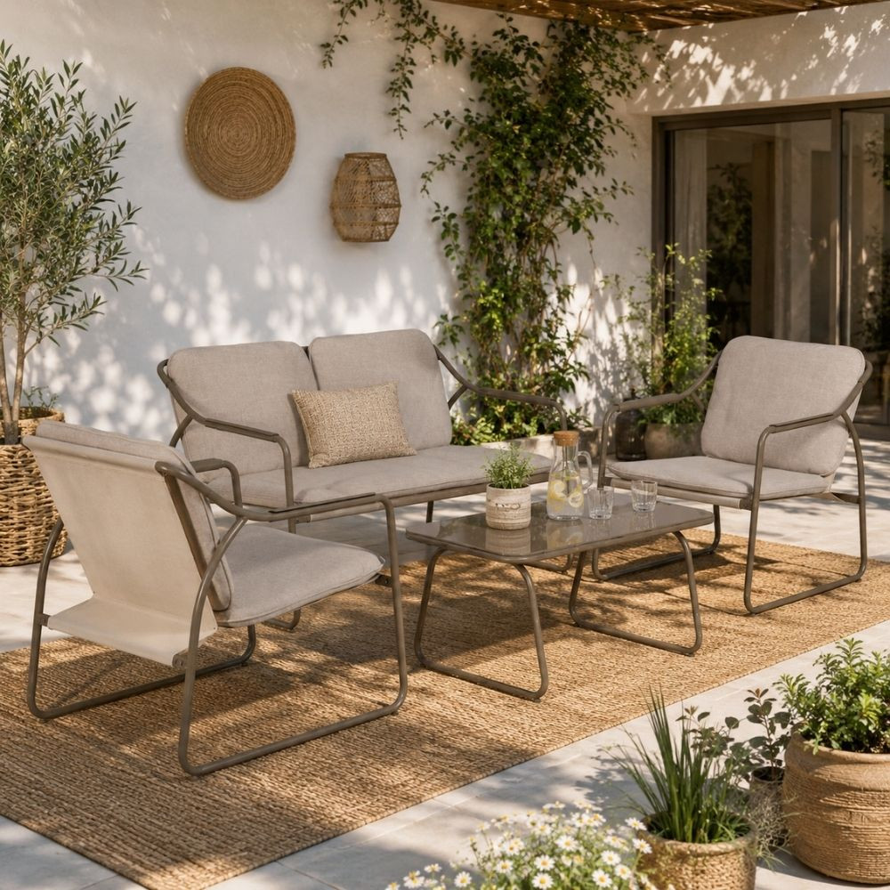 Salon de jardin en acier et textilène avec table en verre - fanmuebles