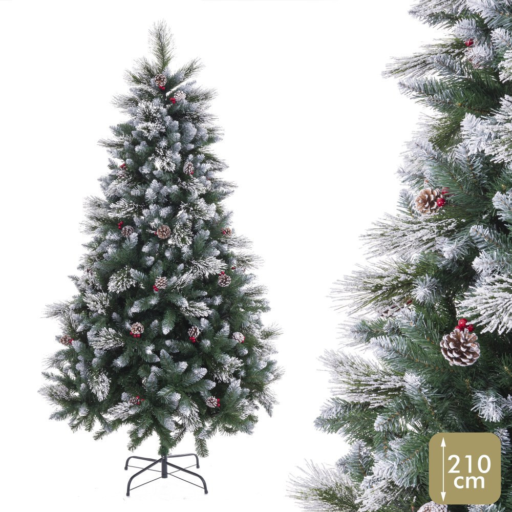 Árbol de navidad artificial nevado con acebo y piñas de 1029 ramas Ø120 x 210 cm