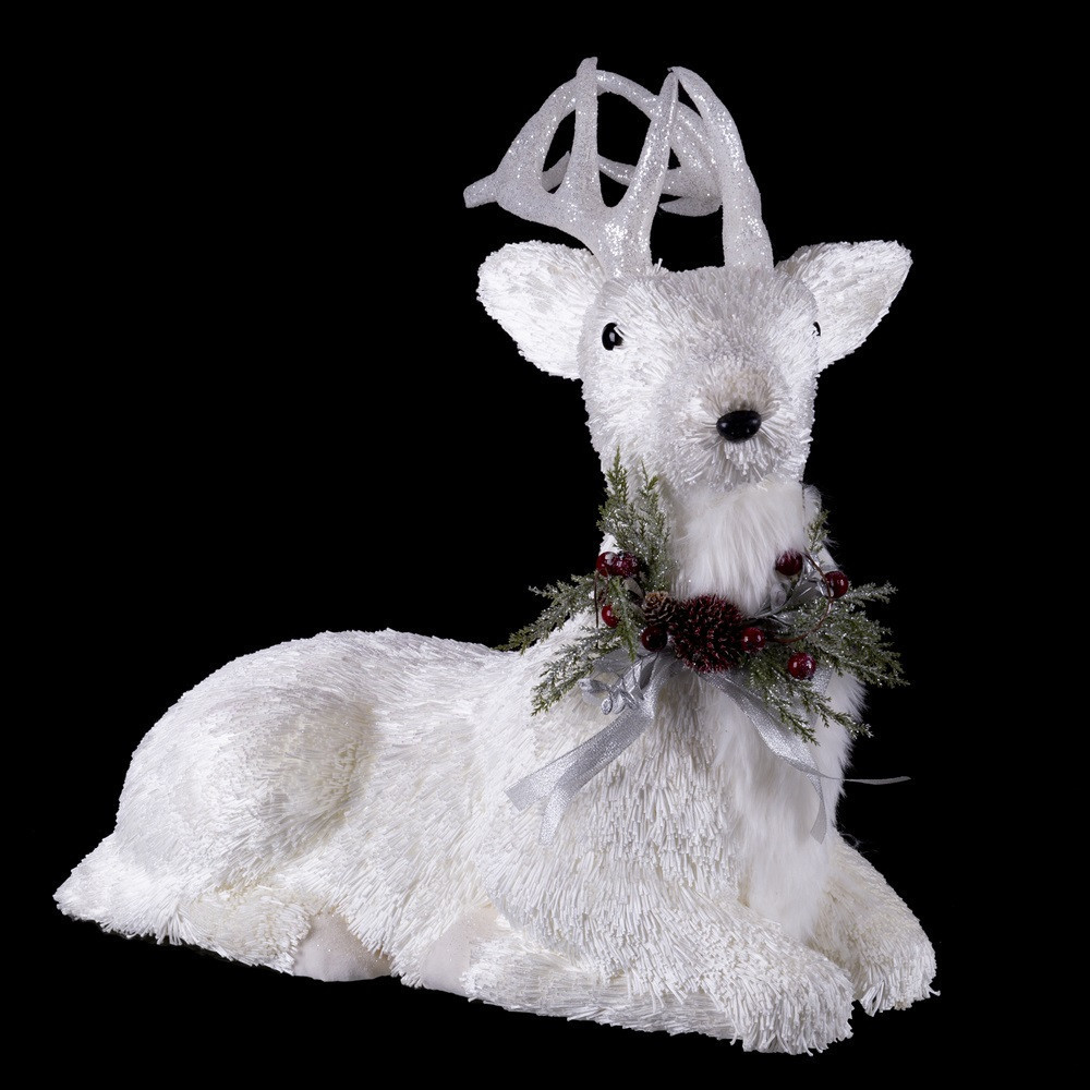 Figura de ciervo tumbado nevado en polyfoam blanco 60 x 63 x 37 cm