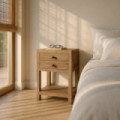 Mesita de noche de madera de mindi natural con 2 cajones y balda 45 x 66 x 30 cm
