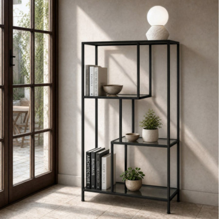 Estantería de metal negro y cristal 65 x 110 x 25 cm