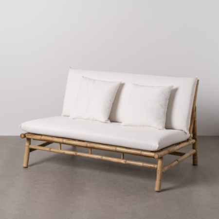 Sofá 2 plazas en caña de bambú natural con cojines desenfundables blancos 135 x 81 x 86 cm