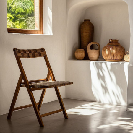 Silla plegable de uso profesional de madera de teca y fibra de abacá sintética 51 x 80,5 x 60 cm